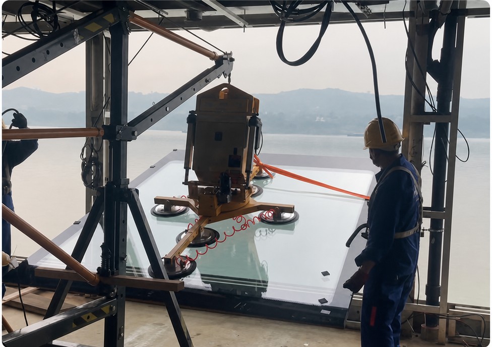 Vacuum lifter installing a glass panel on site