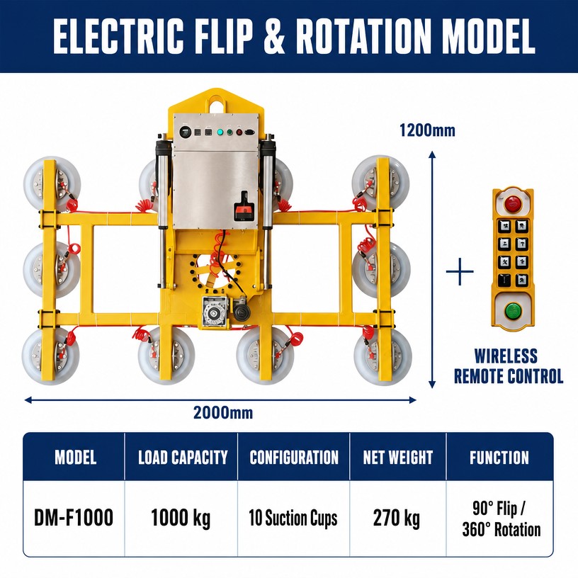 1000 kg electric flip and rotation vacuum lifter, 1200 x 2000 mm frame
