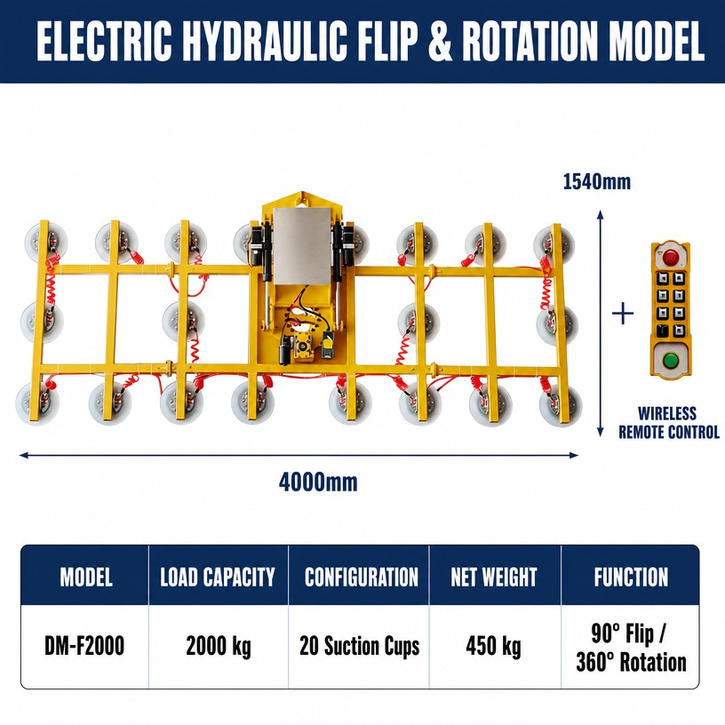 2000 kg electro-hydraulic flip and rotation vacuum lifter, 1540 x 4000 mm frame