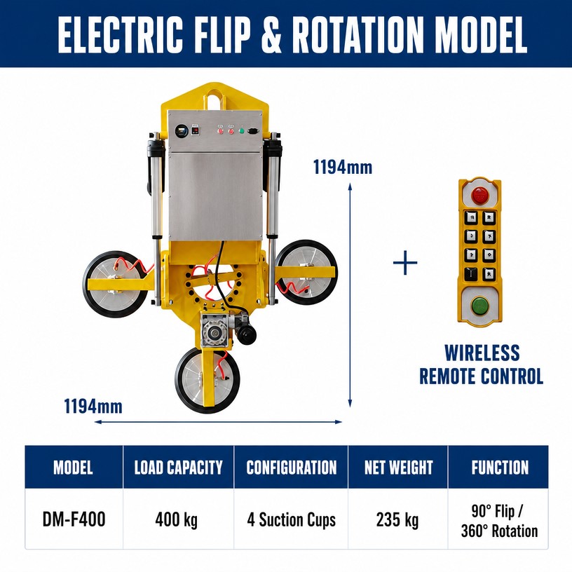 400 kg electric flip and rotation vacuum lifter, 1194 x 1194 mm frame