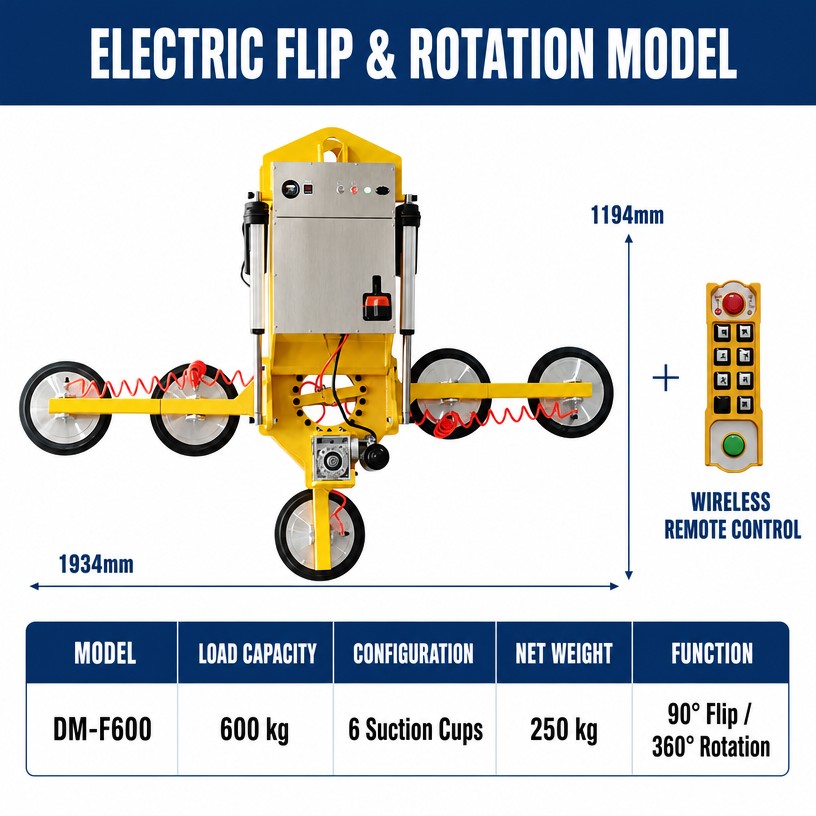 600 kg electric flip and rotation vacuum lifter, 1194 x 1934 mm frame