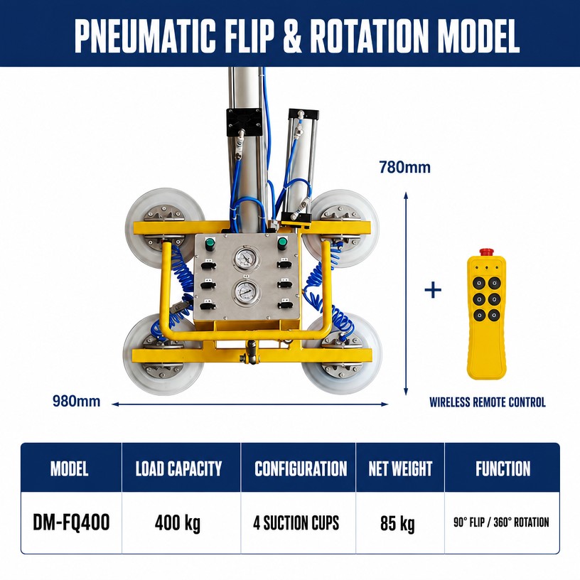400 kg pneumatic flip and rotation vacuum lifter, 780 x 980 mm frame